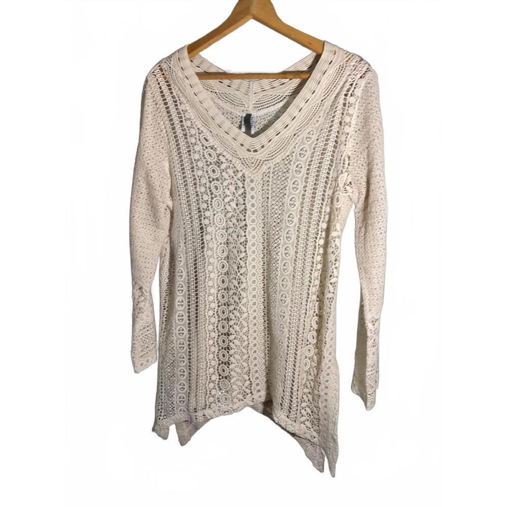 XCVI White Crochet Knit Sweater Tunic  with V-Neck Large